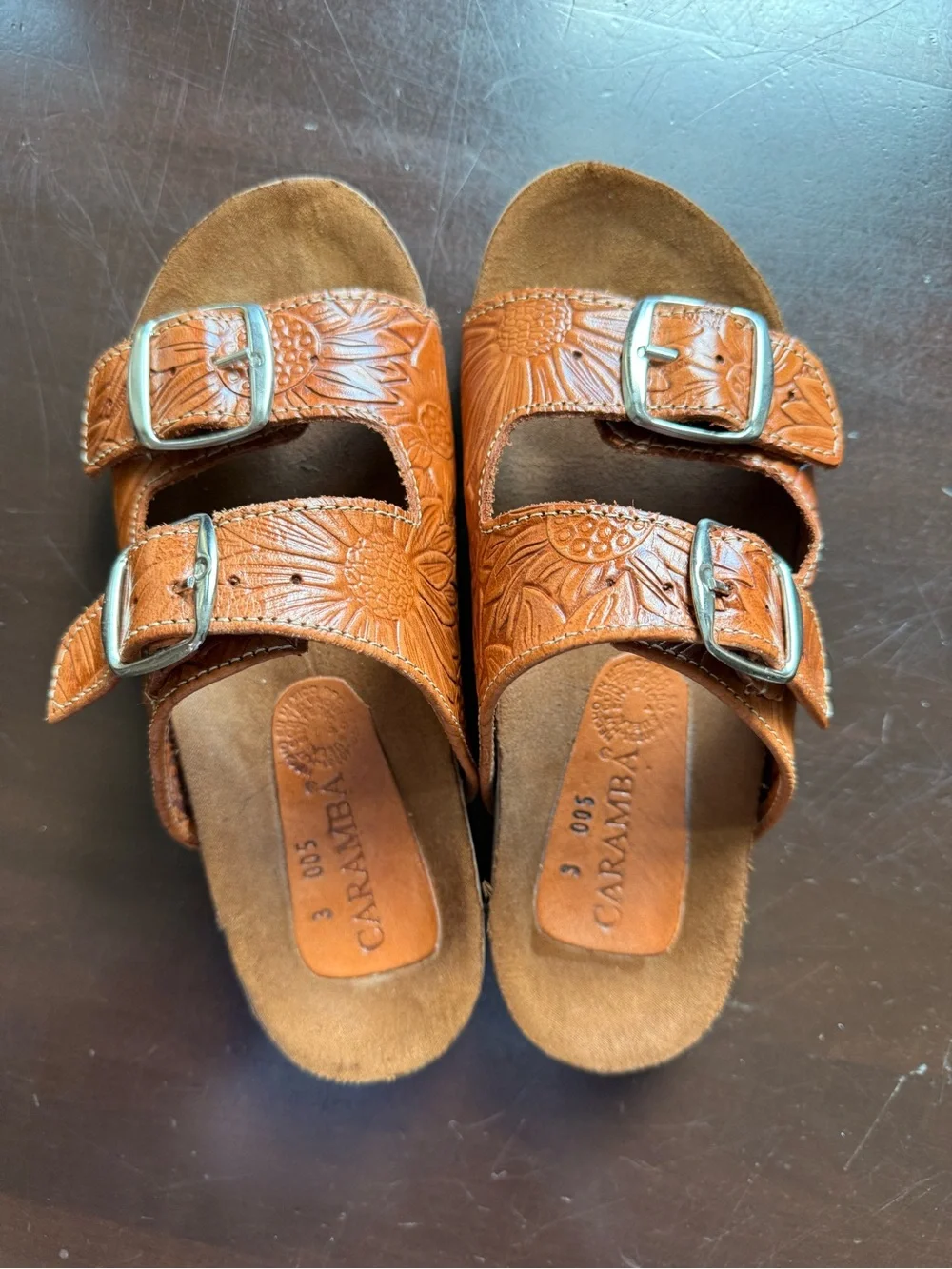 Women’s Brown Embossed Leather Double-Buckle Sandals Estimated Size 7.5/8